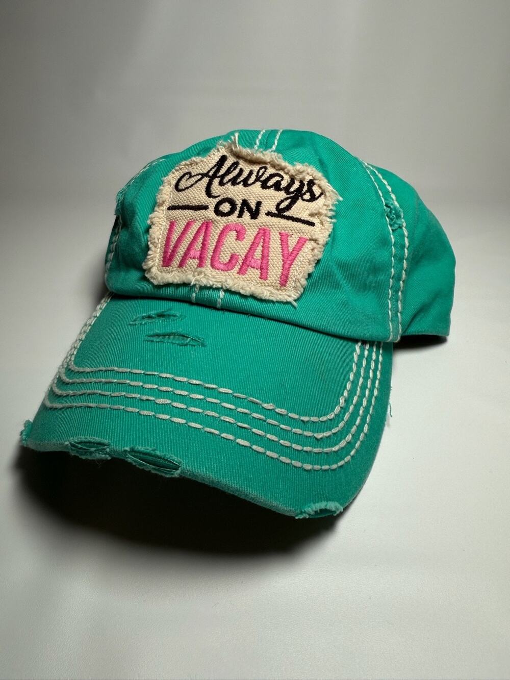 Always On Vacay Baseball Cap Aquamarine Adjustable Distressed KB ETHOS Retro
